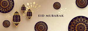 Eid mubarak banner with gold and black lanterns and medallion artwork