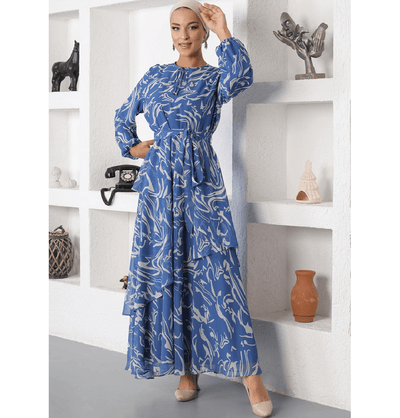 Famelin Dress Modest Women's Dress Asymmetrically Tiered 70107 - Blue