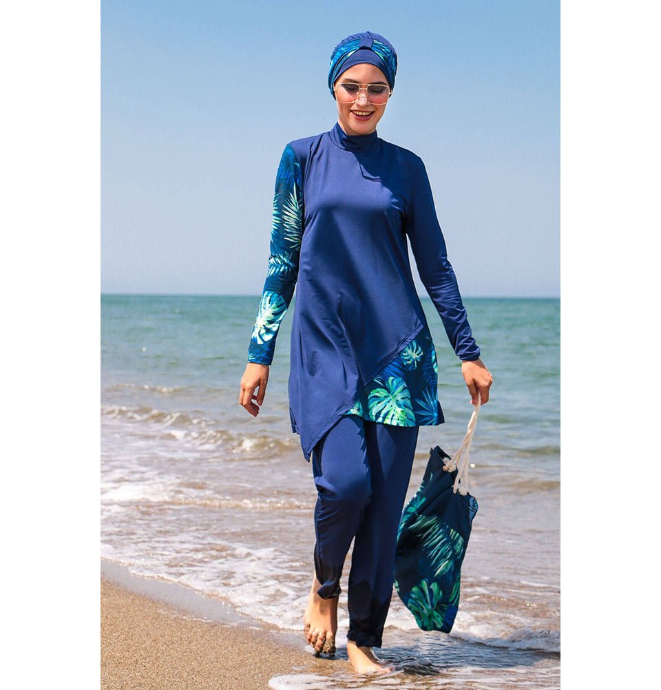 Two Piece Full Coverage Modest Swimsuit - M2125 Asymmetrical Blue