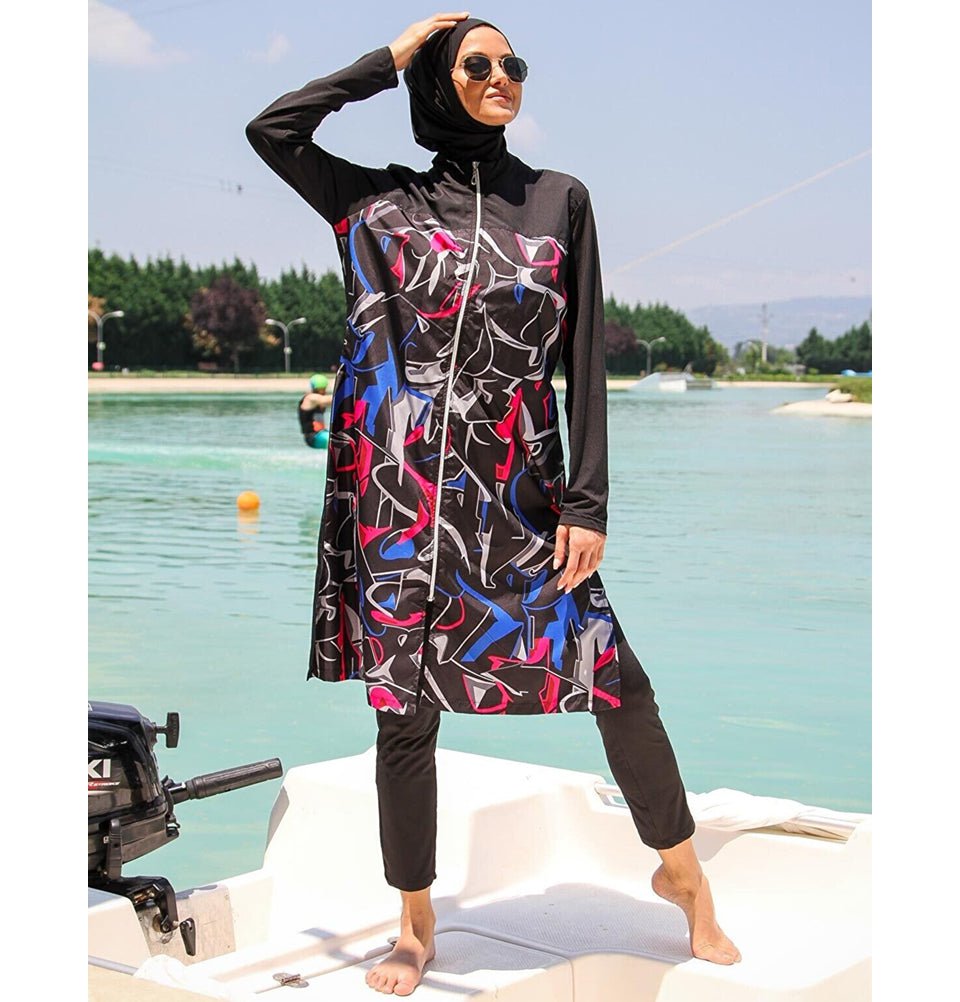 Two Piece Full Coverage Modest Swimsuit - M2266 Abstract Black / Multi