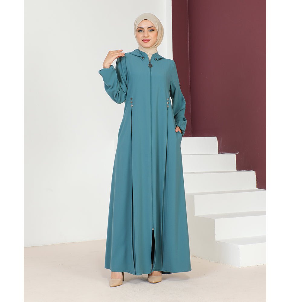 Modest Muslim Woman Detachable Hood Zip Up Abaya - 1132 Turquoise Modest Muslim Woman Detachable Hood Zip Up Abaya - 1132 Turquoise