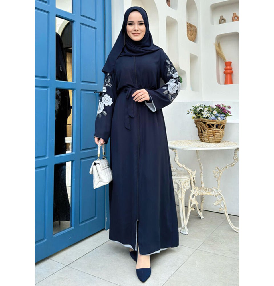Modern Muslim Woman's Floral Embroidered Zip Up Abaya - 7897 - Navy Bl