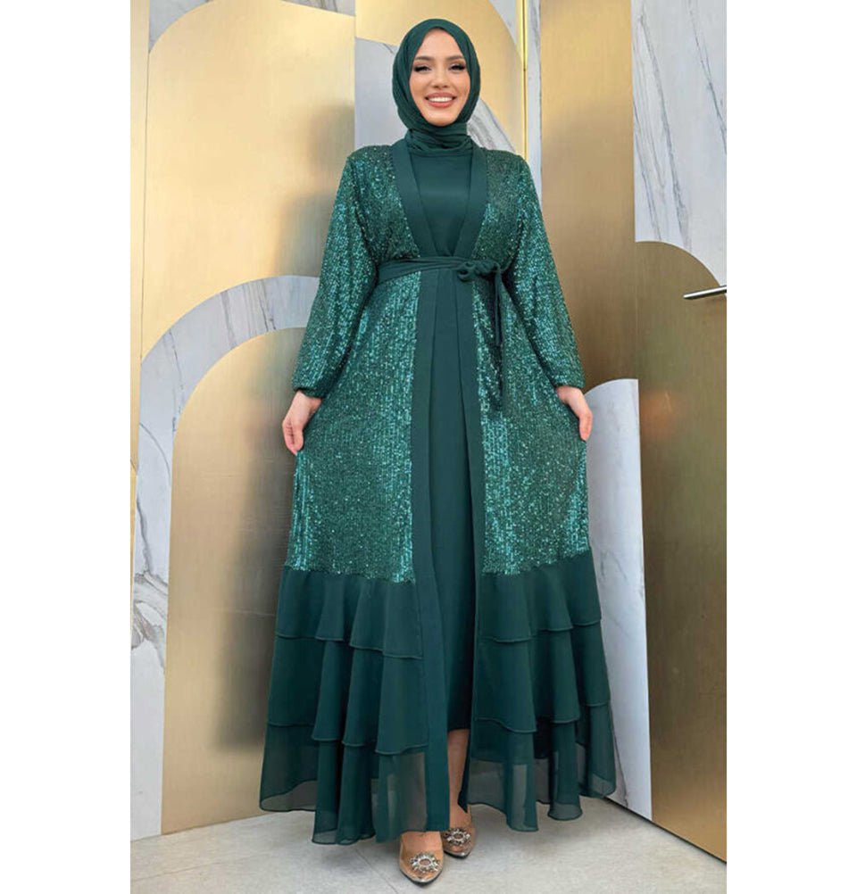 Modern Muslim Woman's Sequins Two Piece Abaya - 8483 Green Modern Muslim Woman's Sequins Two Piece Abaya - 8483 Green
