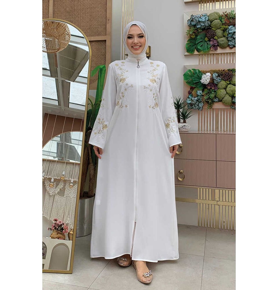 Modern Muslim Woman's Shanghai Zip Up Abaya - 7895 - Ivory