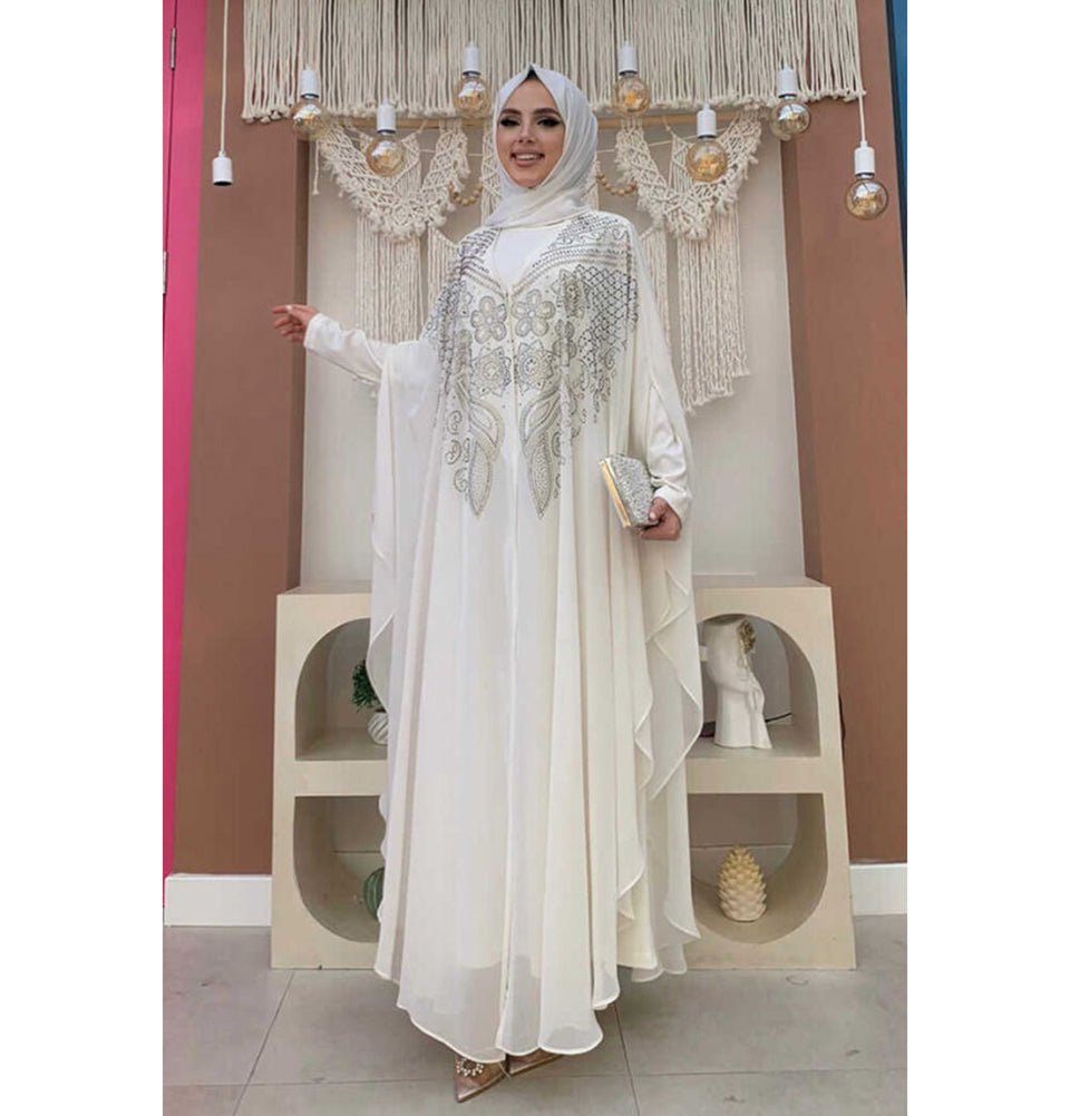 ivory abaya dress Ivory Flared Abaya: Gold Embroidery, Party Gown With Hijab