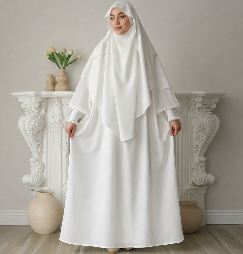 ladies abaya dress Modest Muslim Woman with Niqab Khimar Newport creating a subtle gathered Short White Dress With Style:BM1129