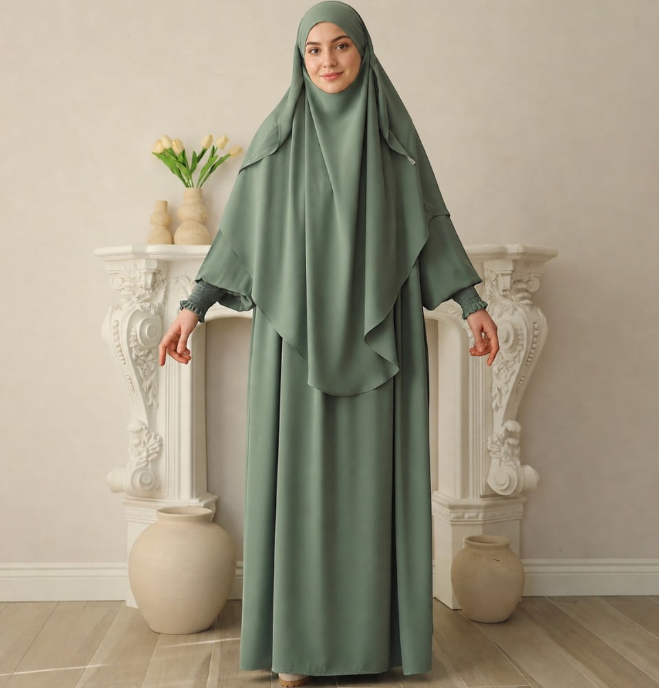 Modest Muslim Woman Abaya with Niqab Khimar - Sage Green Modest Muslim Woman Abaya with Niqab Khimar - Sage Green