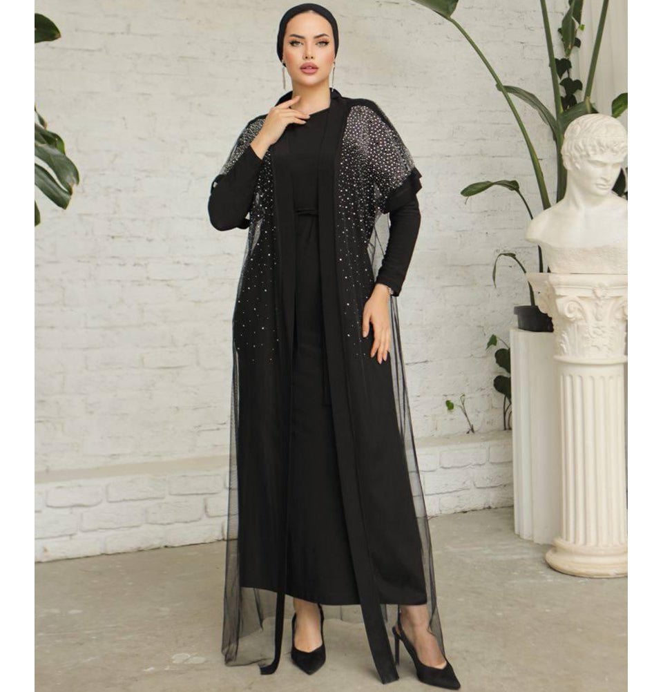Modest Muslim Woman Starlight Sheer Overlay Abaya