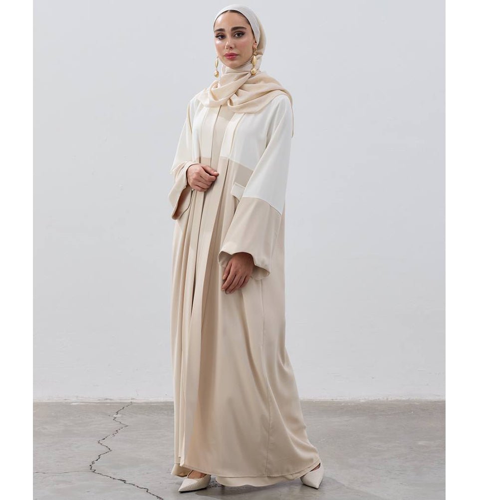 Modest Muslim Women's Elegant Sahra Open Abaya - 9722 Cream & Beige Modest Muslim Women's Elegant Sahra Open Abaya - 9722 Cream & Beige