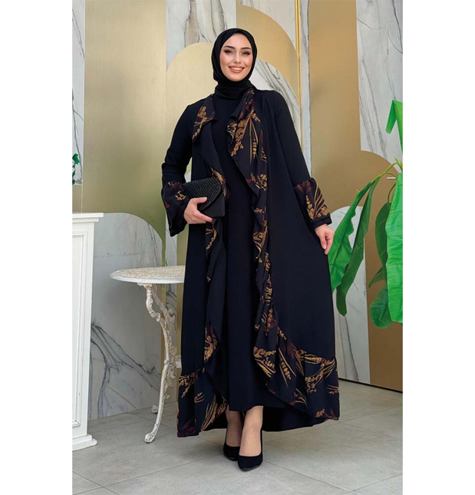 Modest Muslim Women's Open Front Abaya with Ruffle Trim - 7908 Coffee