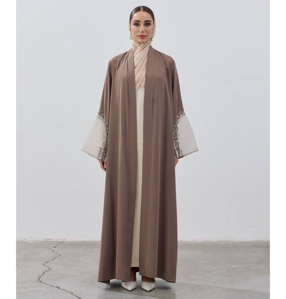 Muslim Women's Luxe Pearl Open Abaya - Mink