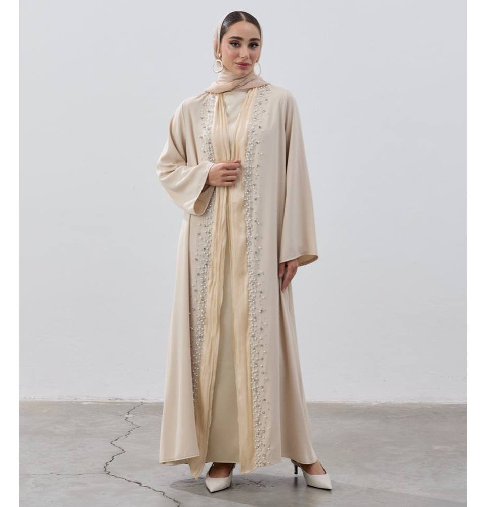 Muslim Women's Pearled Open Abaya - 9736 Beige
