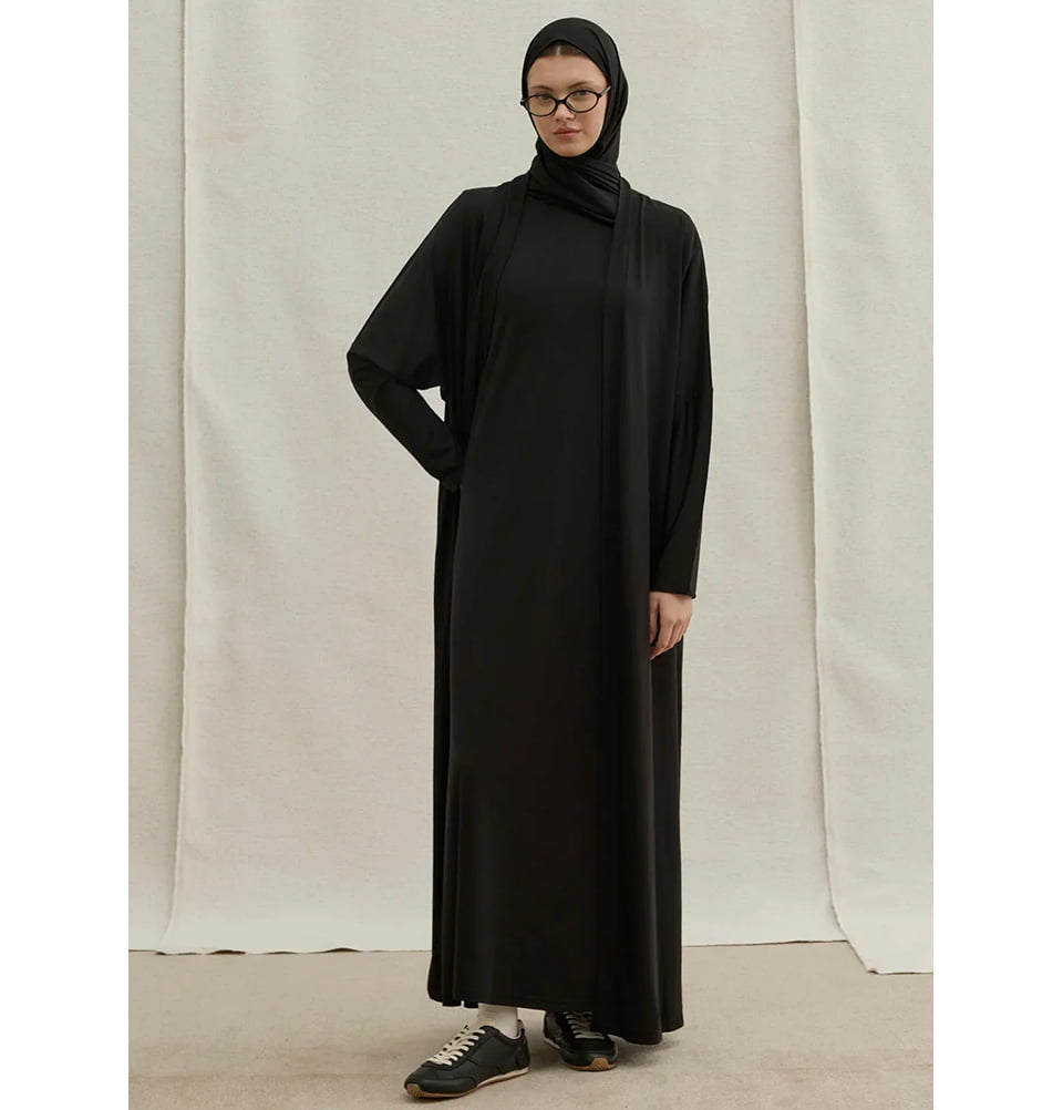 Muslim Women's Soft Stretch Two Piece Open Abaya & Dress Set