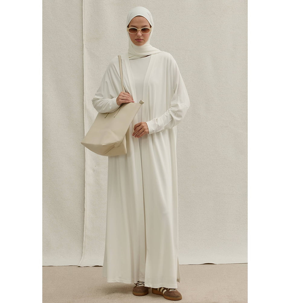 Muslim Women's Soft Stretch Two Piece Open Abaya & Dress Set