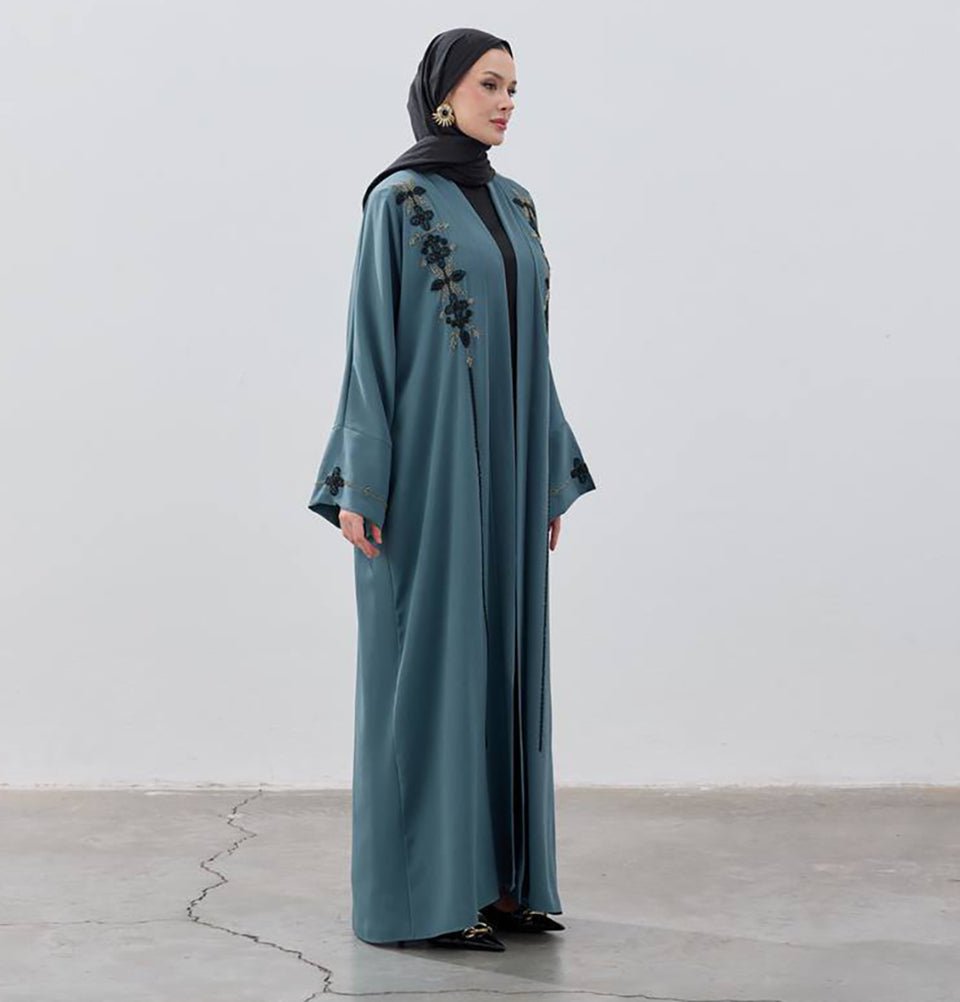 Muslim Women's Floral Beaded Crepe Open Abaya - 9745 Steel Teal