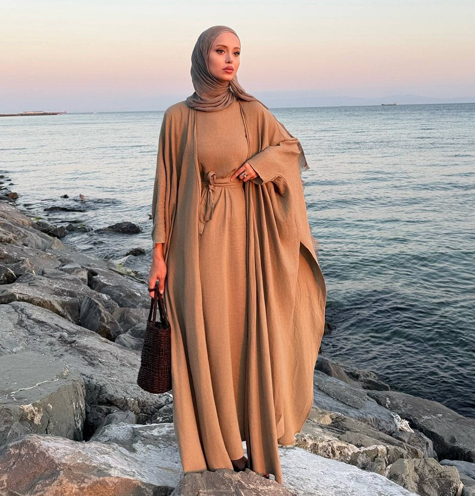 linen abaya dress Women's Flowy Cotton Set with Belt and Side Slits ProductID: 105737 Jamie Cream Satin Strapless 5’2 wearing size 54 Option:Ivory gold