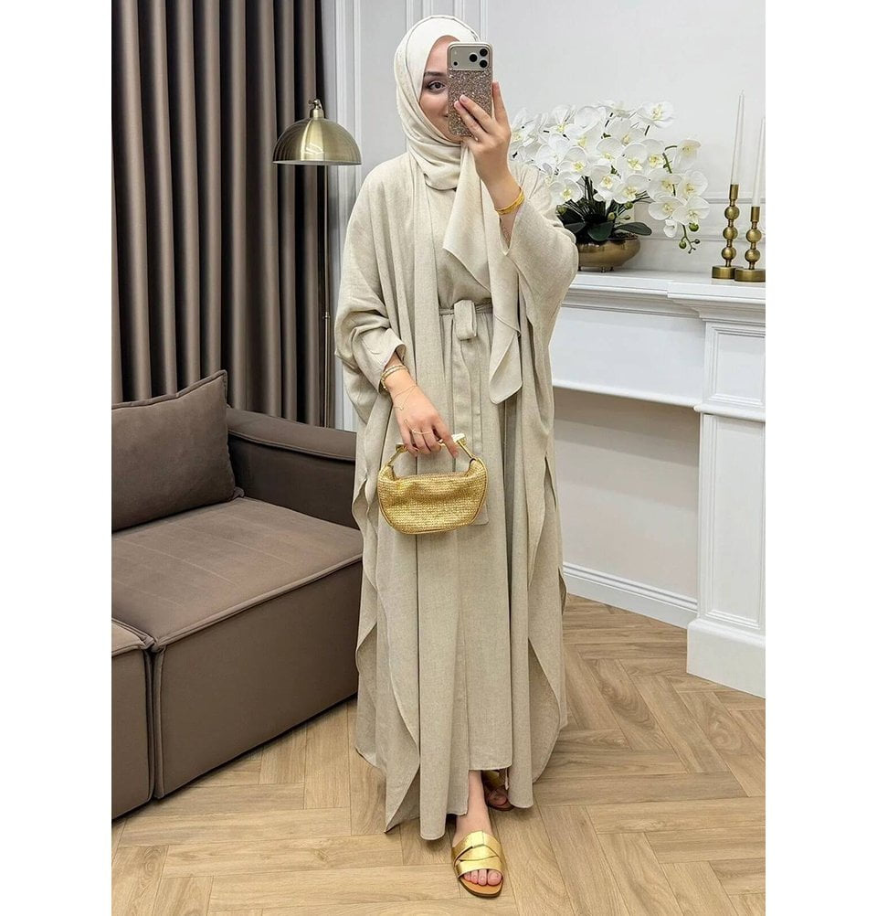 linen abaya dress Women's Flowy Cotton Set with Belt and Side Slits With medium thickness Color:Set (dress+robe) Dress To Impress Stars _可用基本折扣码产品