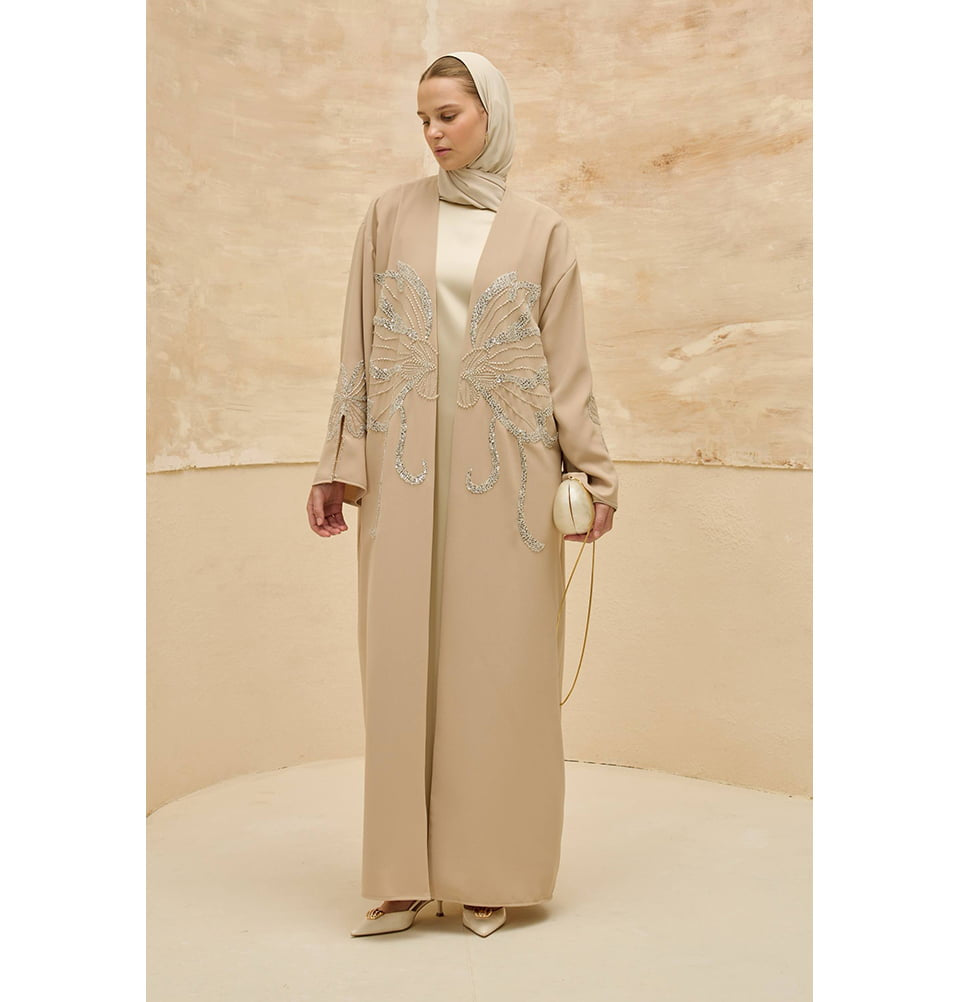 Women's Open Abaya Clover Beaded - 9792 Beige
