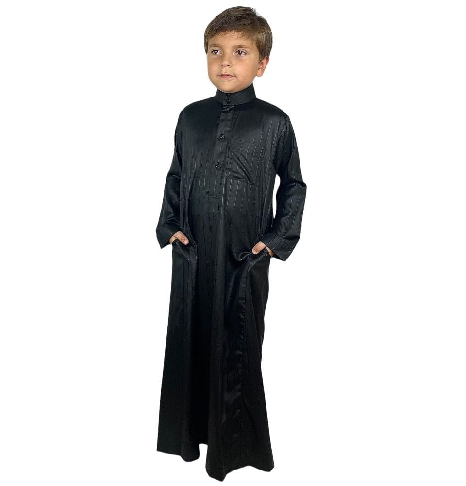 Modefa Boy's Full Length Long Sleeve Satin Islamic Thobe - Striped Black