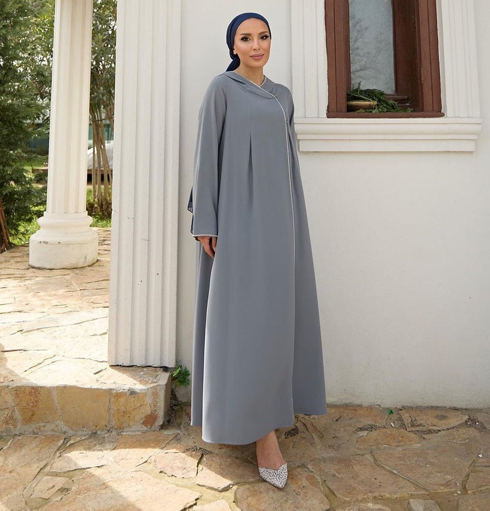 Modern Muslim Woman's Elegant Hooded Abaya with Rhinestones - 36004 Gr Modern Muslim Woman's Elegant Hooded Abaya with Rhinestones - 36004 Gr
