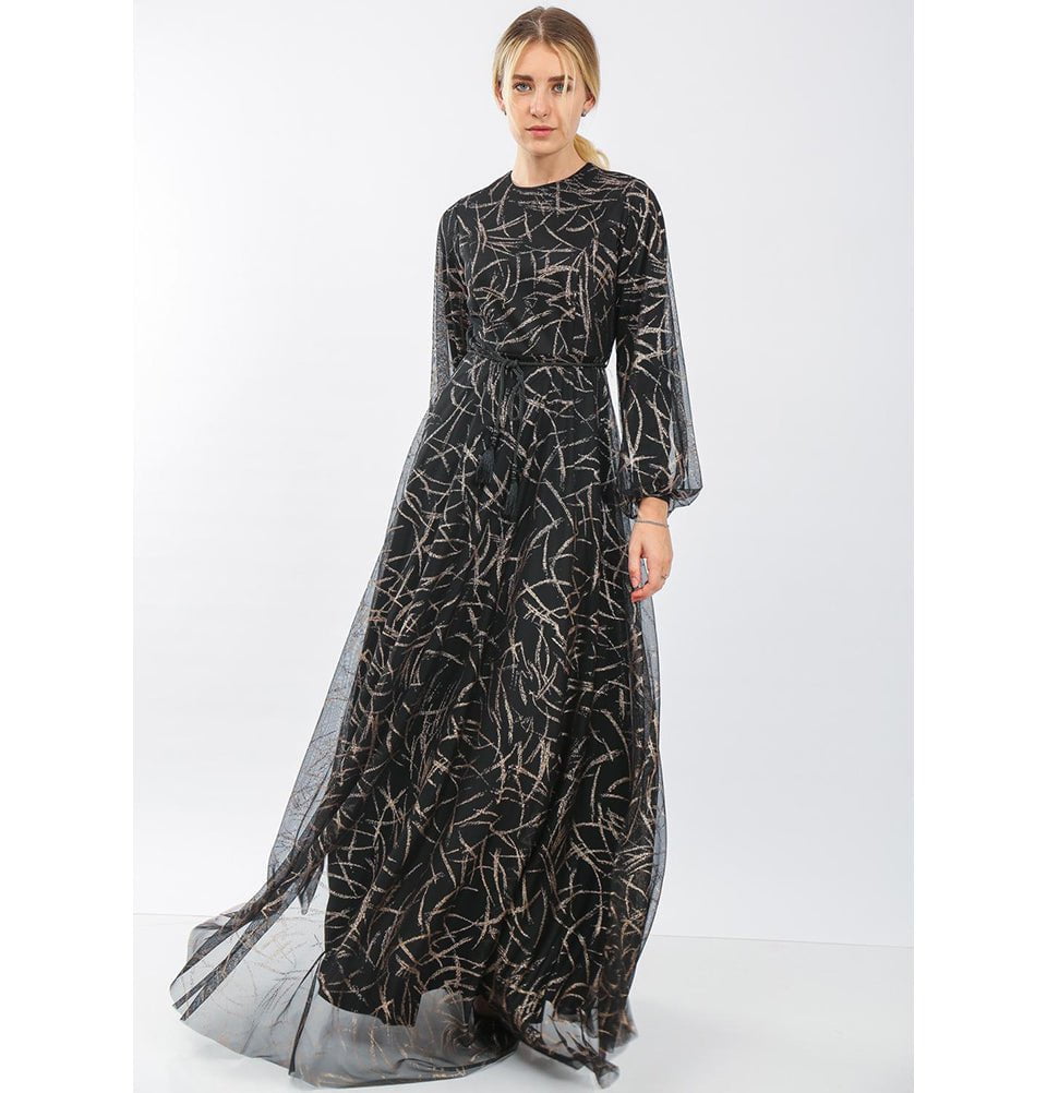 Modest Formal Abstract Dress 70072 Gold Modest Formal Abstract Dress 70072 Gold