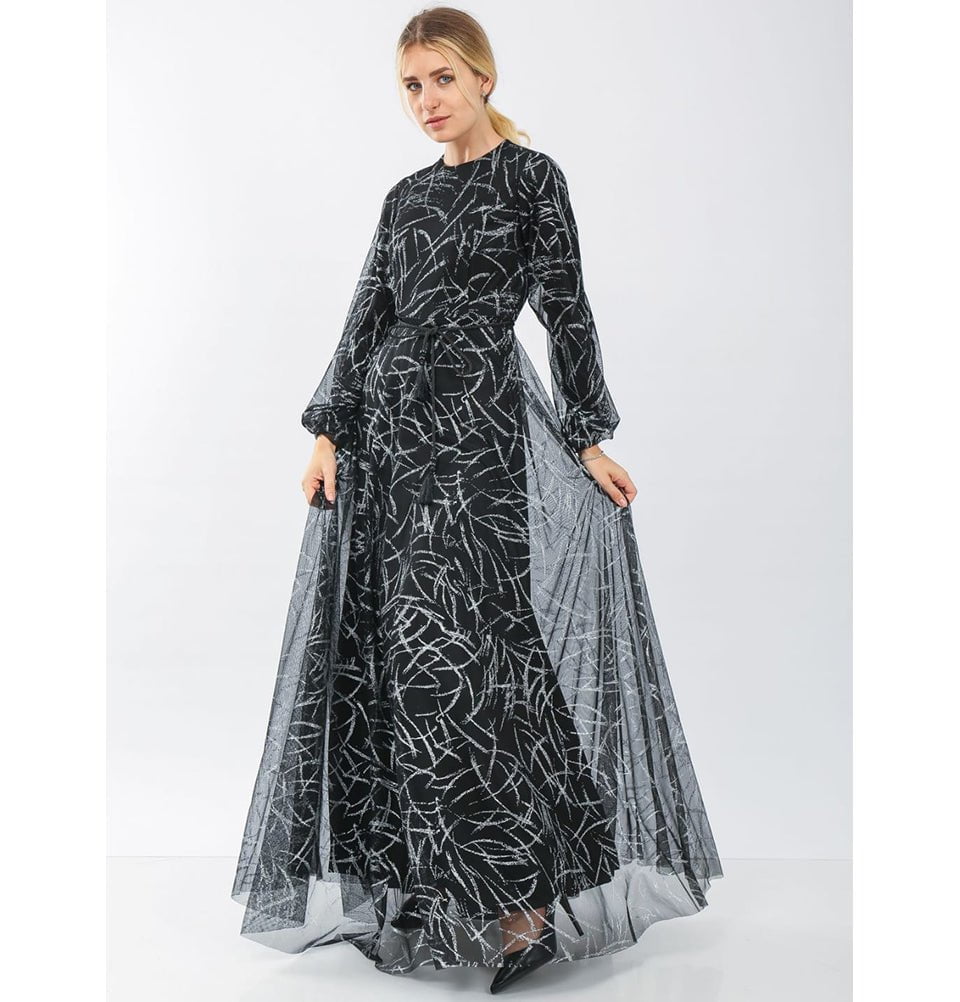 Modest Formal Abstract Dress 70072 Silver Modest Formal Abstract Dress 70072 Silver