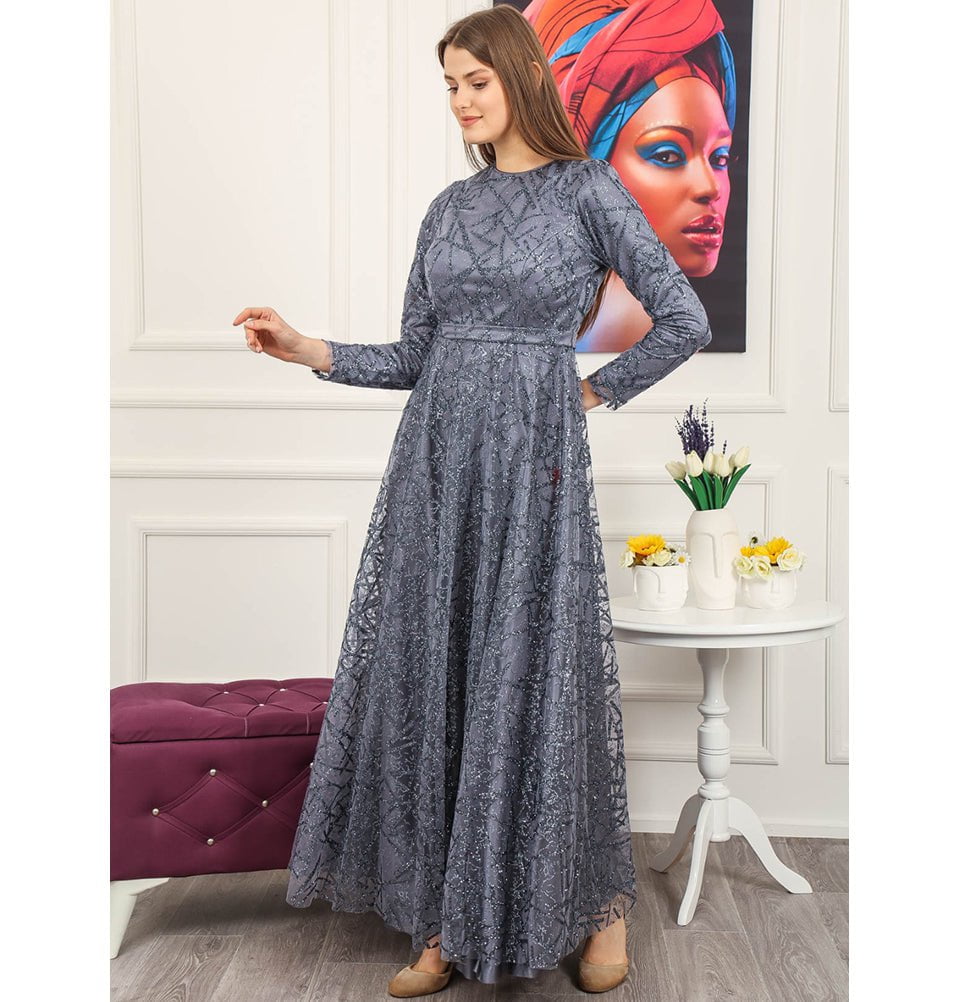 Modest Formal Glittery Abstract Dress 508 Grey Modest Formal Glittery Abstract Dress 508 Grey