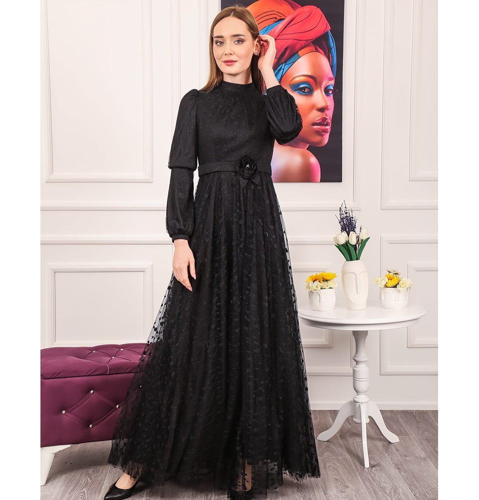 Modest Formal Polka Dot Dress G461 Black Modest Formal Polka Dot Dress G461 Black