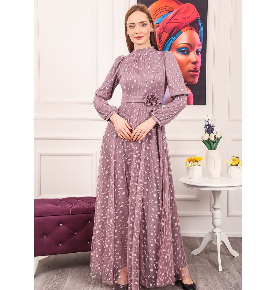purple polka dot dress Modest Formal Polka Dot Dress G461 Lilac
