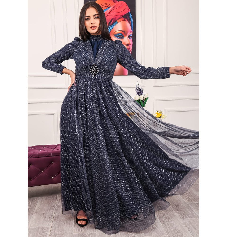 open lace back dress Navy Blue Tulle Beaded Prom Gowns, Tulle Party Dresses, Elegant Formal –  Cutedressy