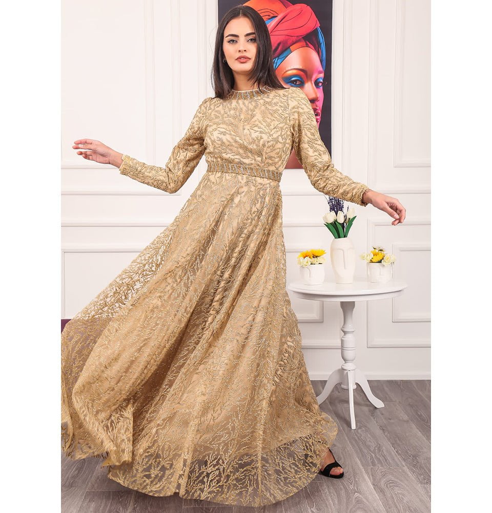 Modest Formal Shimmery Vine Dress G492 Gold Modest Formal Shimmery Vine Dress G492 Gold