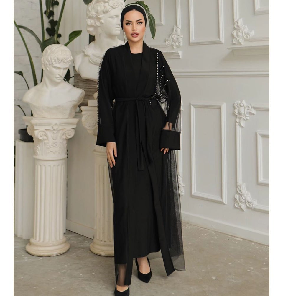 Modest Muslim Woman Noir Pearl Tucked Abaya