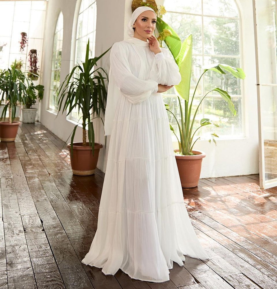 Modest Muslim Woman's Empire Waist Shimmery Tulle Dress - 36229 - Shimmer White Modest Muslim Woman's Empire Waist Shimmery Tulle Dress - 36229 - Shimmer White