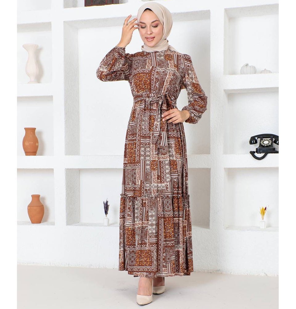 Modest Muslim Women's Boho Patchwork Long Sleeve Dress - 9346 Quilt Brown Modest Muslim Women's Boho Patchwork Long Sleeve Dress - 9346 Quilt Brown