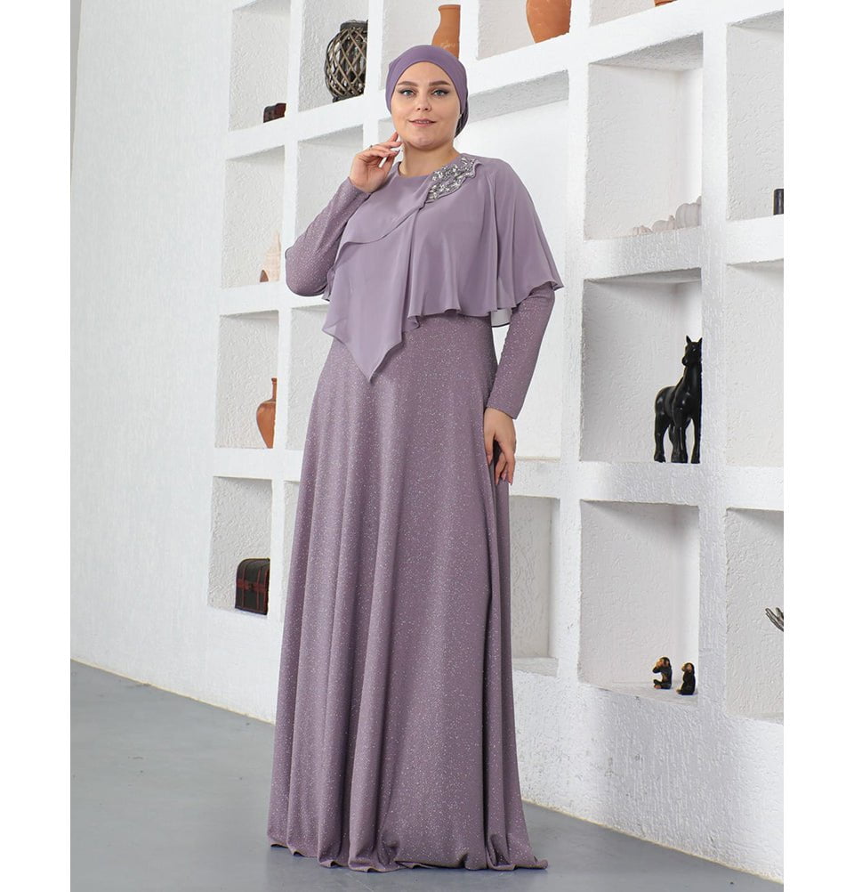Modest Muslim Women's Embellished Elegant Draped Sleeve Evening Dress