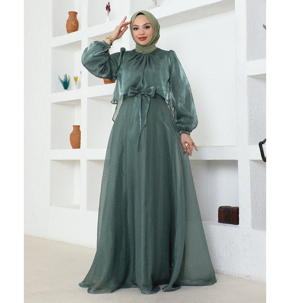 Modest Muslim Women's Luxury Beaded Tulle Evening Dress
