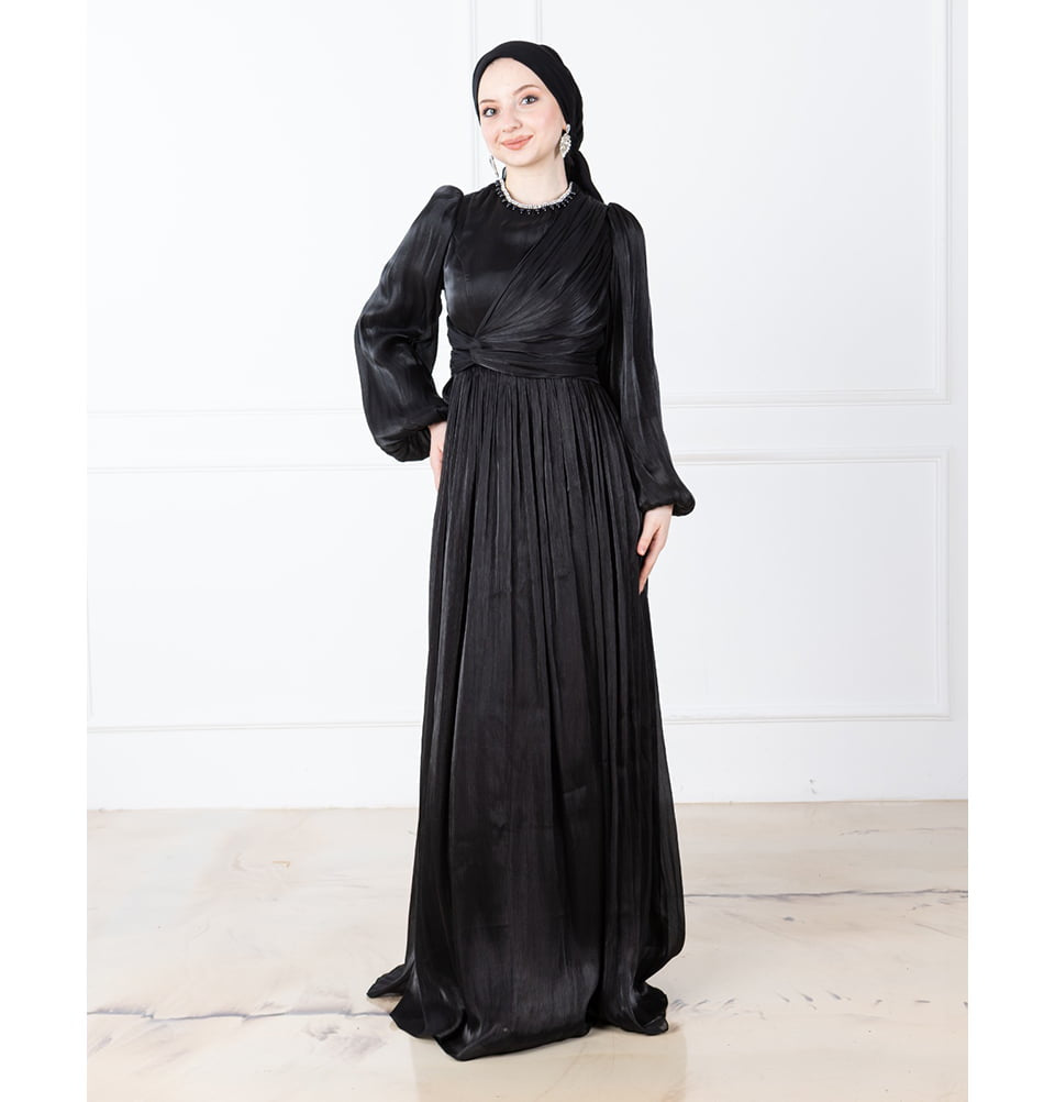 Modest Muslim Women's Pearled Neck Evening Dress