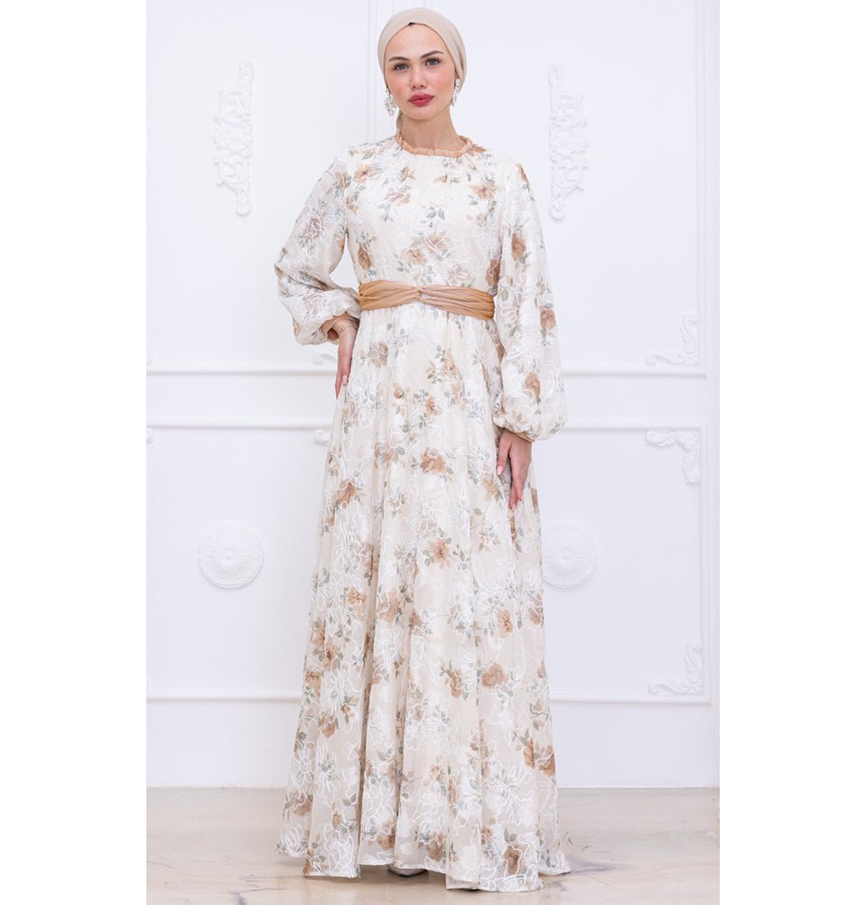 Modest Muslim Women's Soft Vintage Floral Maxi Dress - M70162 Beige