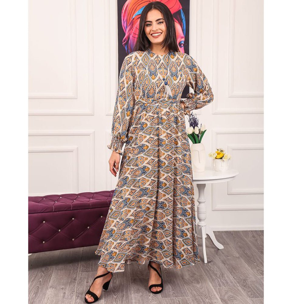Modest Women's Dress Diamond Abstract 7999-23 - Cream & Multicolored Modest Women's Dress Diamond Abstract 7999-23 - Cream & Multicolored