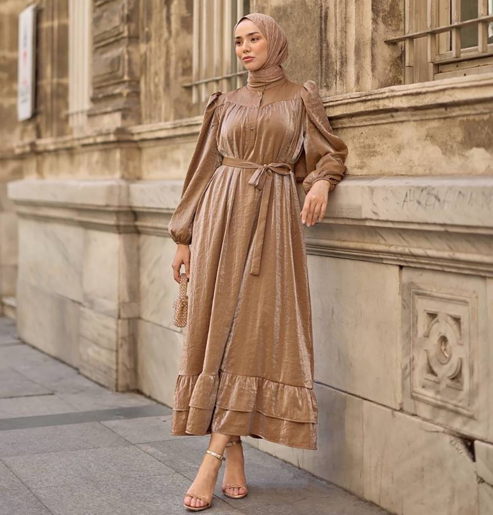 Modest Women's Satin Dress 24559 - Gold Modest Women's Satin Dress 24559 - Gold
