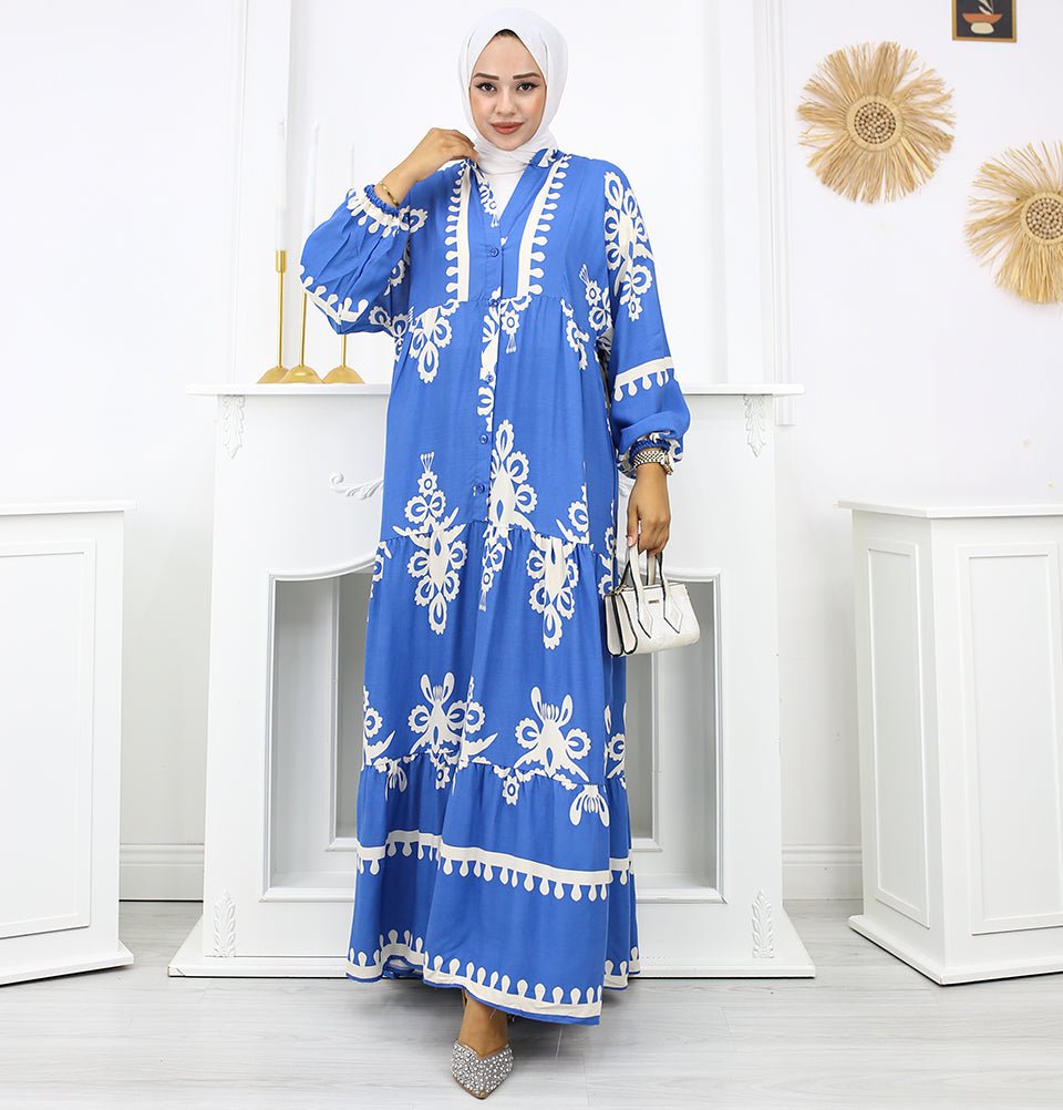 Modest Women's Summer Florya Dress - Blue & White Modest Women's Summer Florya Dress - Blue & White