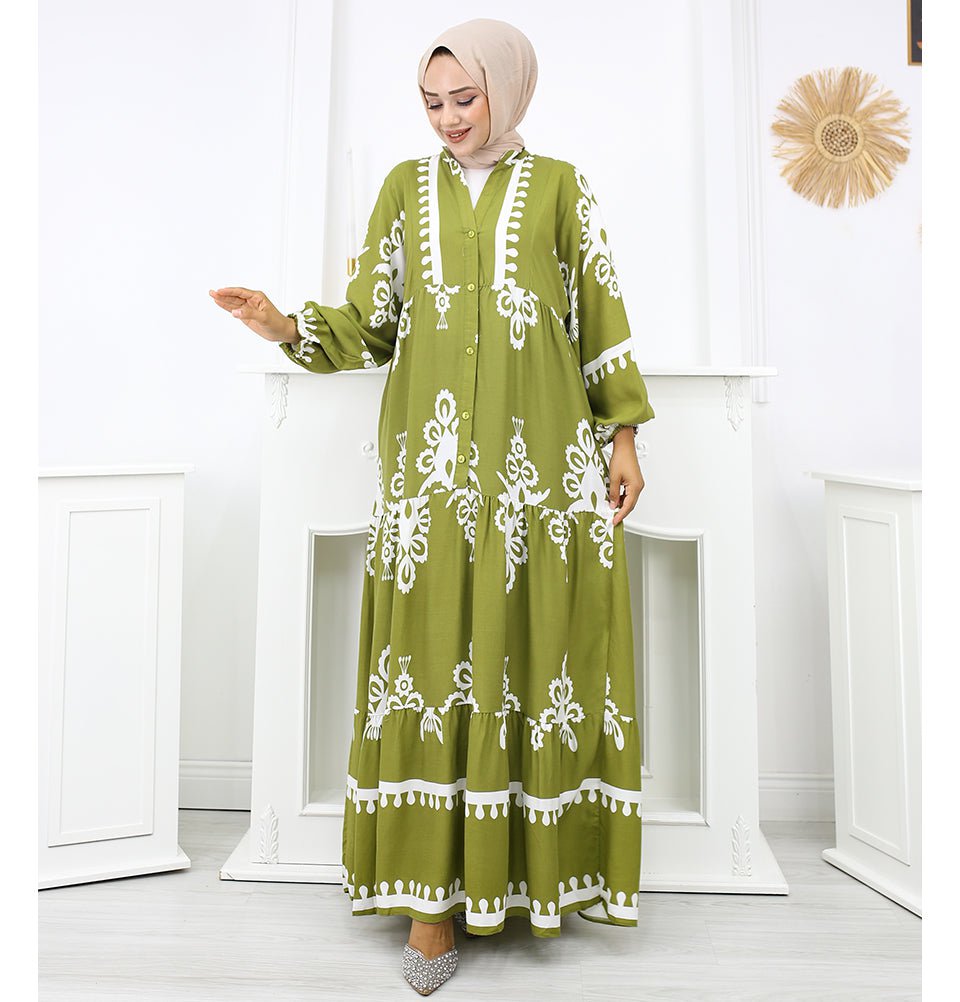 Modest Women's Summer Florya Dress - Green & White Modest Women's Summer Florya Dress - Green & White