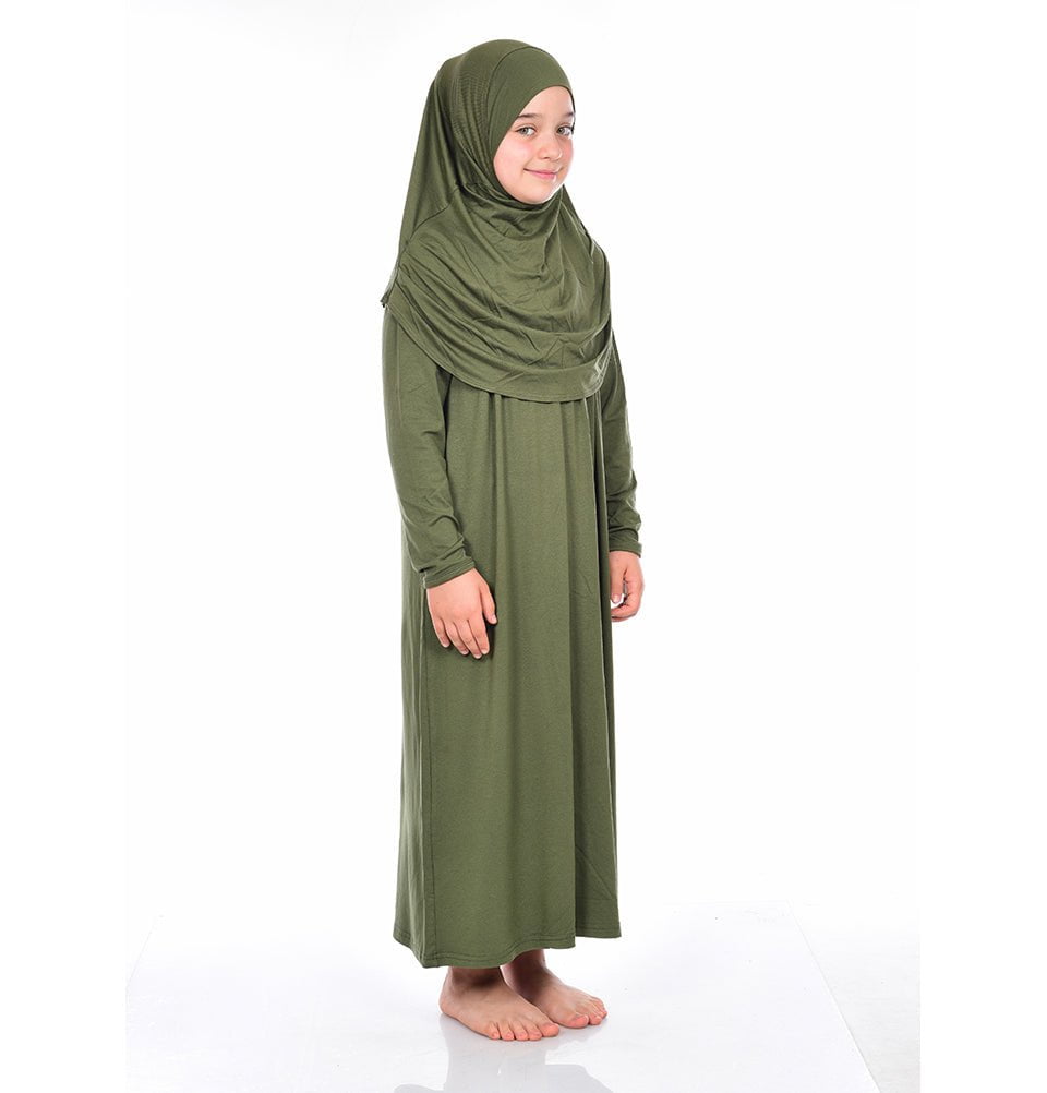 Modest Muslim Girl's Practical One Piece Prayer Dress - Olive Green Modest Muslim Girl's Practical One Piece Prayer Dress - Olive Green
