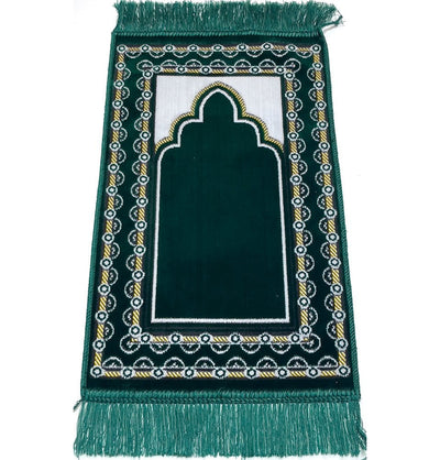 Modefa Green Child Velvet Islamic Prayer Rug - Dotted Border Green