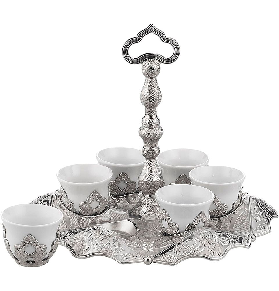 Turkish Luxury 8 Piece Coffee Cup Set | Ottoman Style with Floral Design #363 Silver main image 1