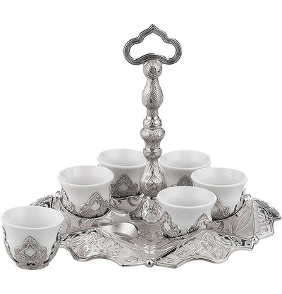 Modefa Islamic Decor Silver Turkish Luxury 7 Piece Coffee Cup Set With Handle | Ottoman Style Engraved 150-K-11 Silver