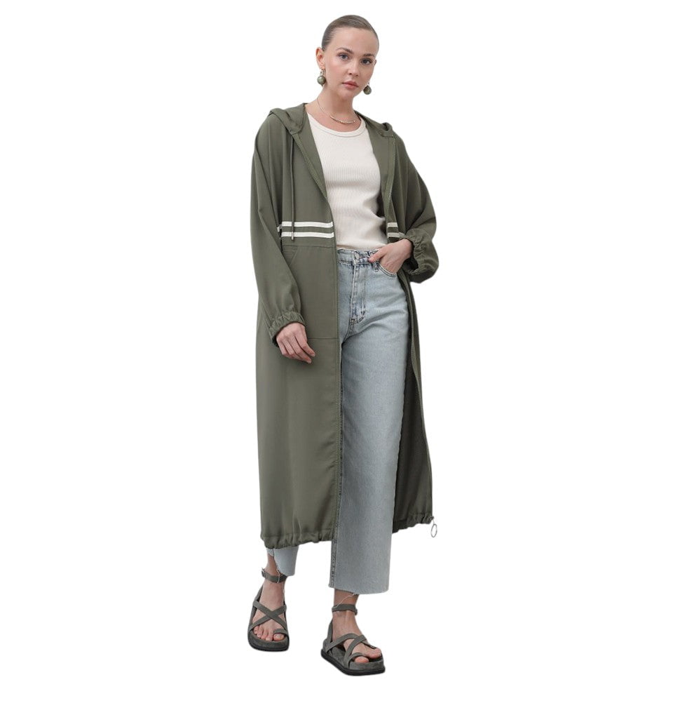 Muslim Women's Longline Zip Hoodie Lightweight Jacket - 15199 Khaki Gr