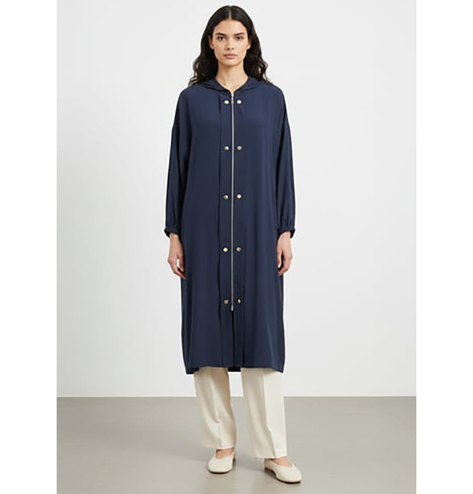 Women's Soft Lightweight Long Hooded Jacket - 15251 Navy Blue
