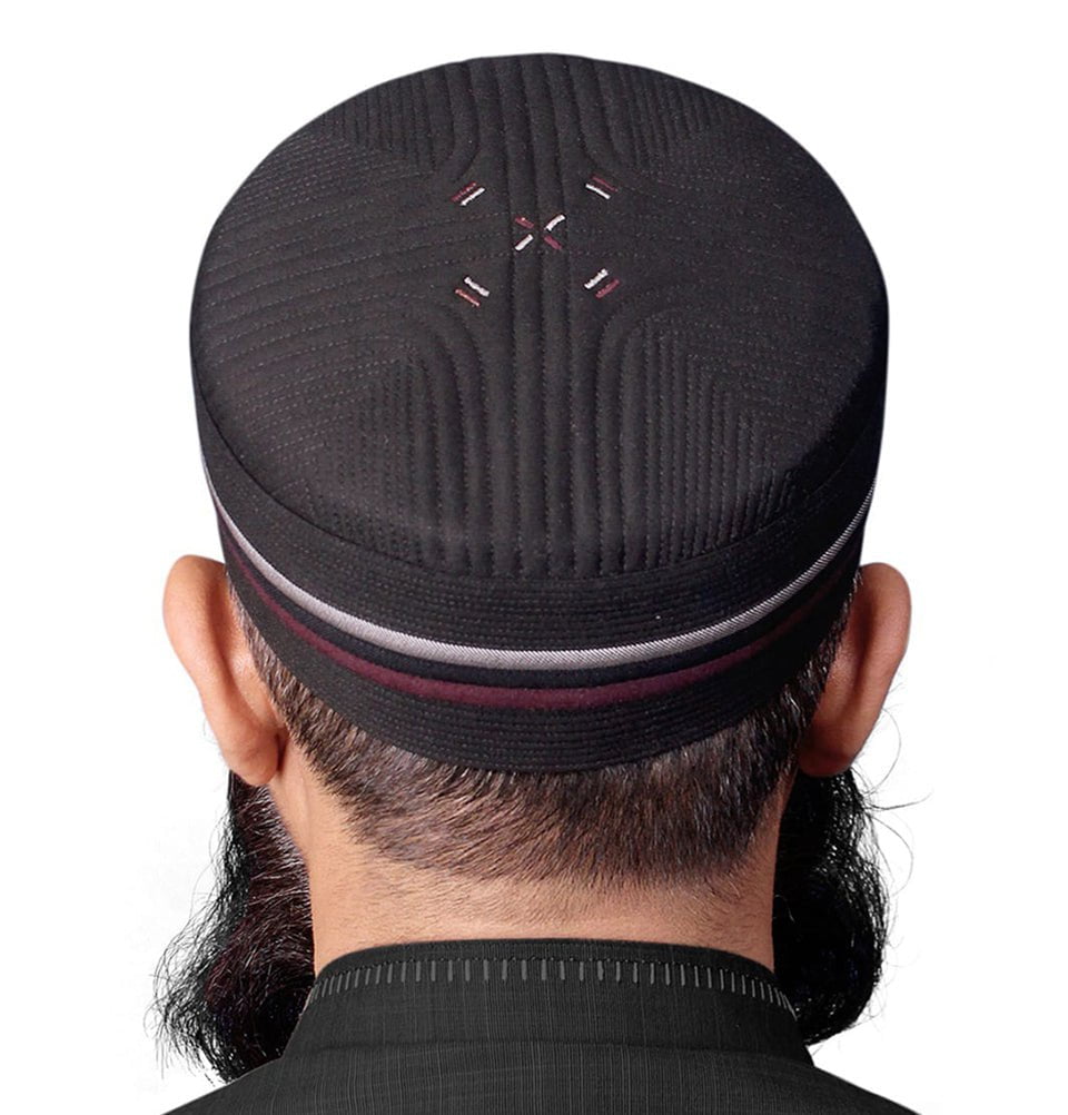 Men's Premium Striped Embroidered Islamic Turban Kufi Black
