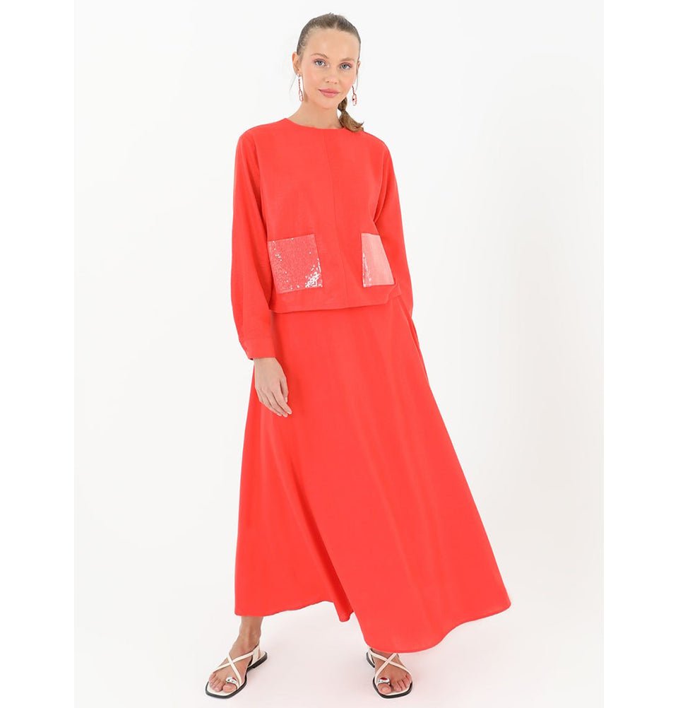 modern tunic dress Modern Muslim Woman Sequins Pocket Tunic with Skirt